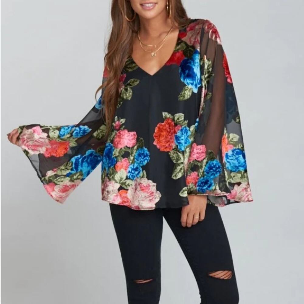 Show Me Your Mumu Hippie Dippie Velvet Burnout Floral Bell Sleeve Blouse Top XS
